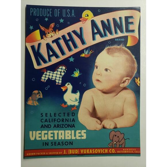 Vintage Kathy Anne Baby Girl Nursery Toys Vegetable Crate Label (B-2) - Picture 1 of 2